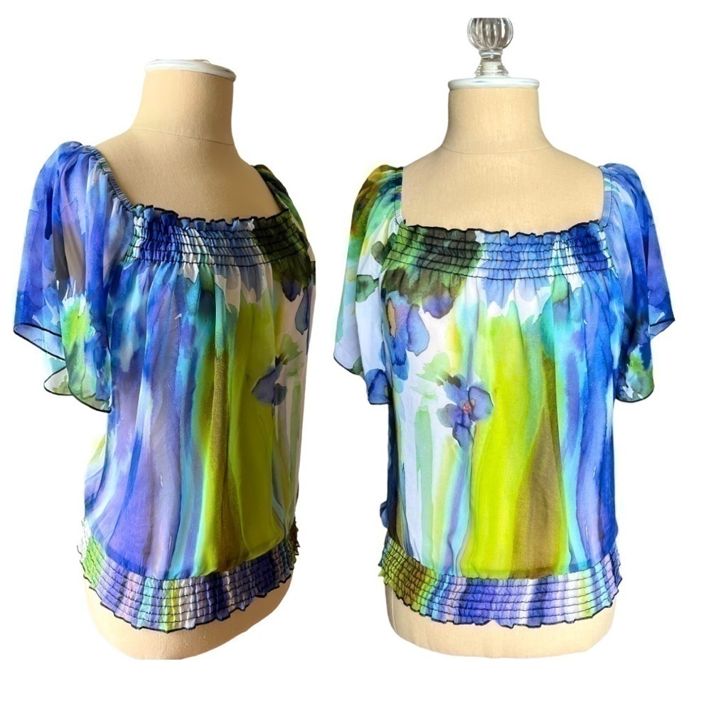𝅺Wrapper Sheer Floral Blue & Green Watercolor Dreamy Flutter Sleeve Blouse XS
